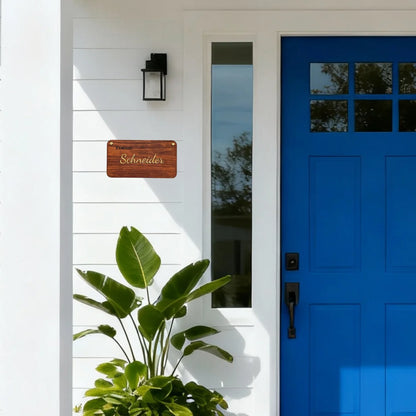 Gold Türschild – exklusives, vergoldetes Namensschild aus Holz & Leder