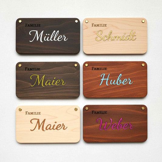Personalisiertes Holz Türschild Familie – Familientürschild mit Metallic 3D Lederbuchstaben