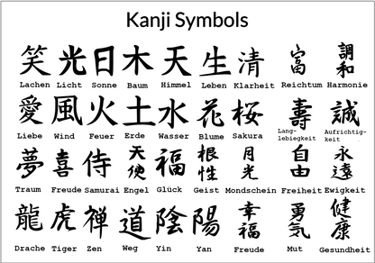 Kanji Mini Talisman – handgefertigter Holz Anhänger-Glücksbringer mit vergoldeter Lederprägung