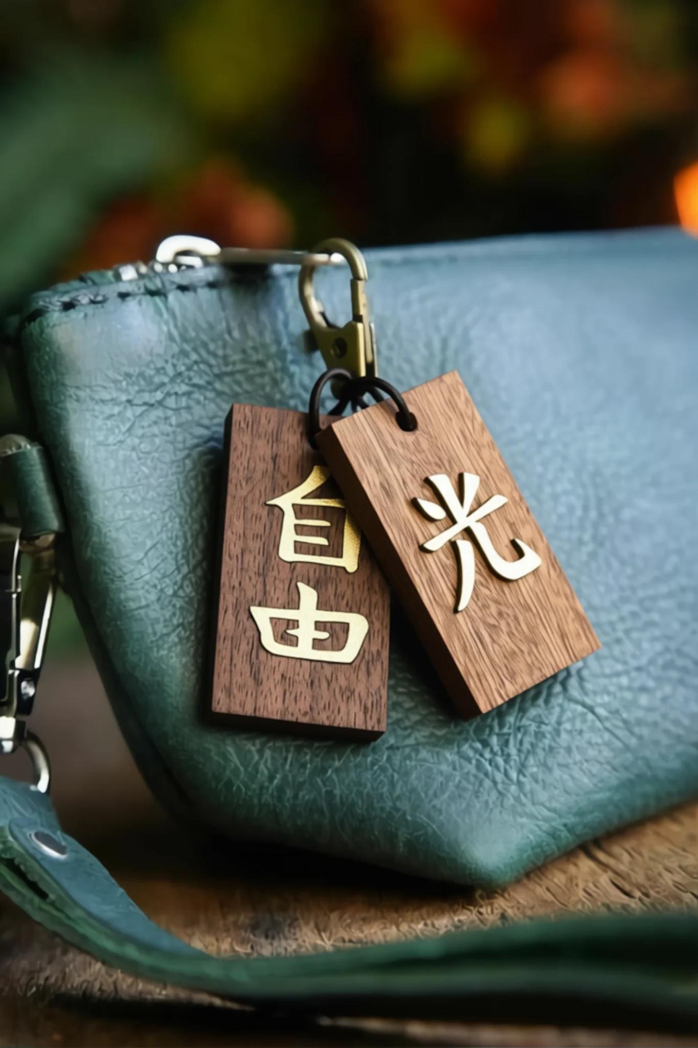 Kanji Gold-Talisman – handgefertigter Holz Anhänger-Glücksbringer mit vergoldeter Lederprägung