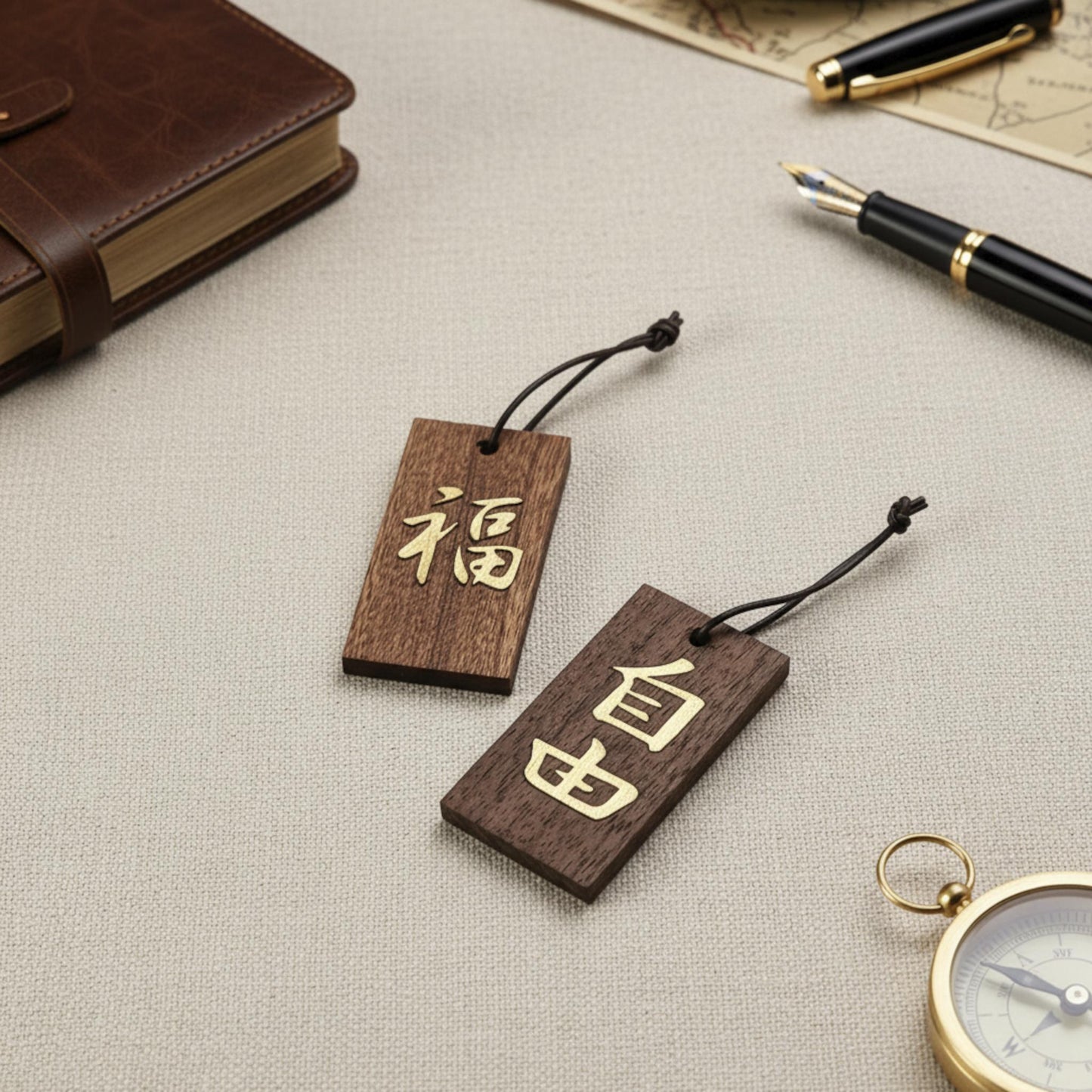 Kanji Gold-Talisman – handgefertigter Holz Anhänger-Glücksbringer mit vergoldeter Lederprägung