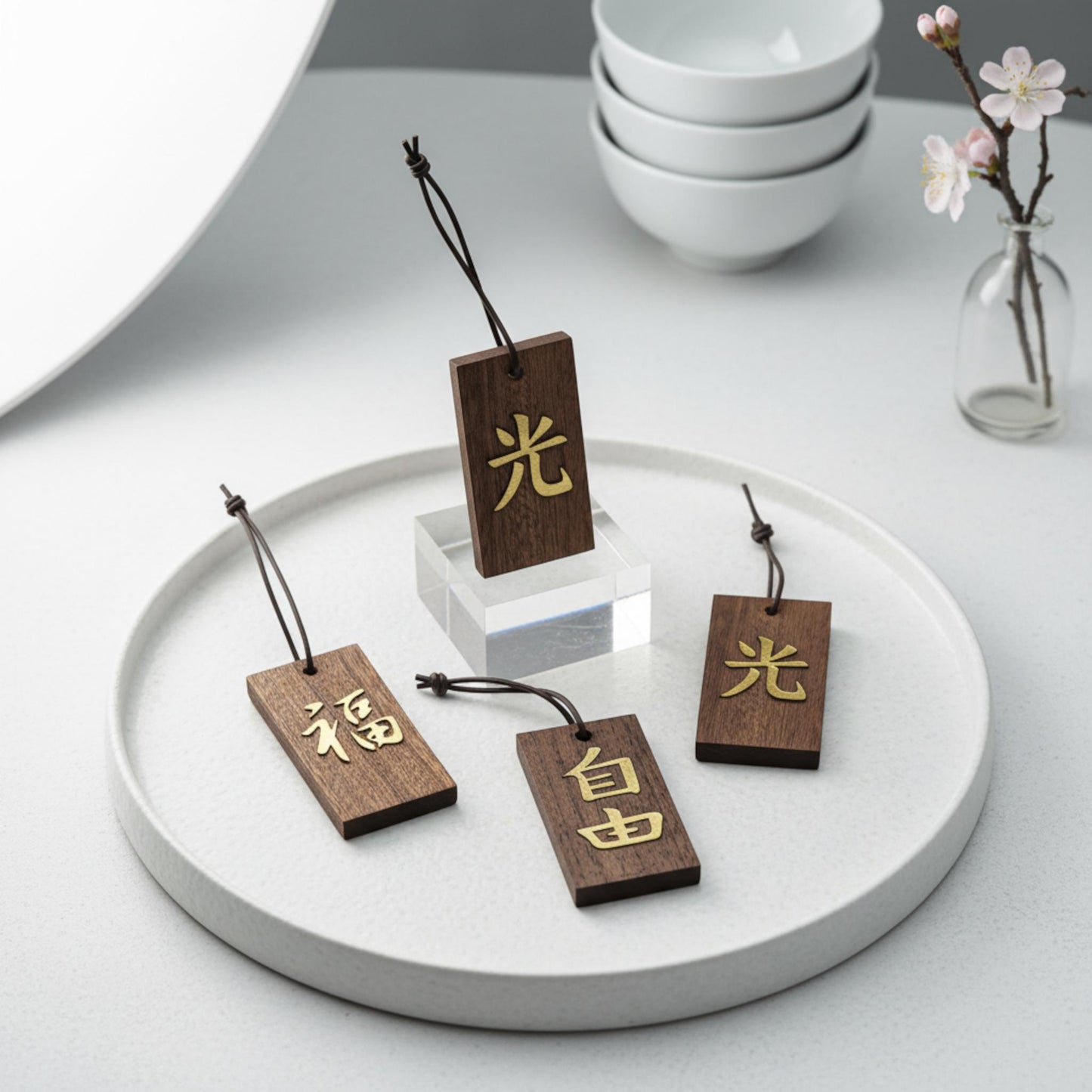 Kanji Gold-Talisman – handgefertigter Holz Anhänger-Glücksbringer mit vergoldeter Lederprägung