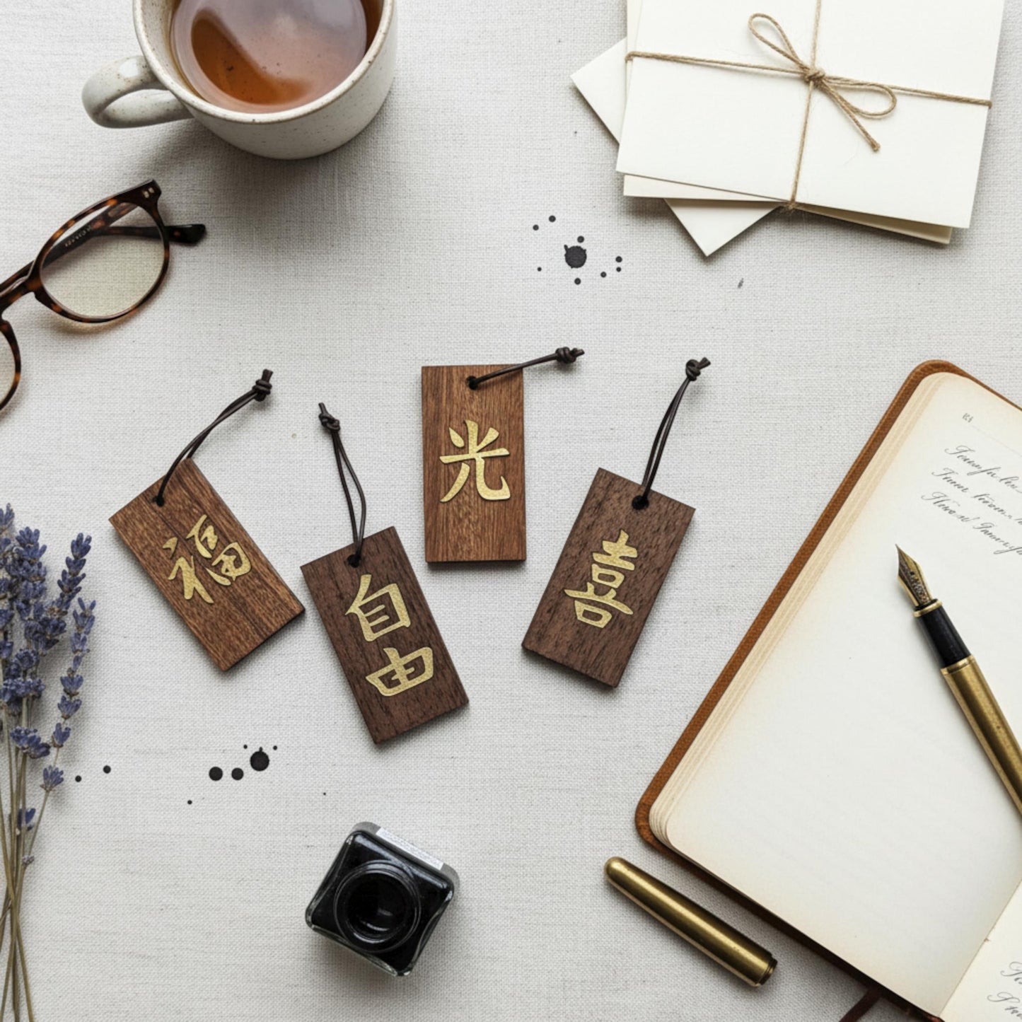 Kanji Mini-Talisman aus Holz – handgefertigt mit Lederprägung