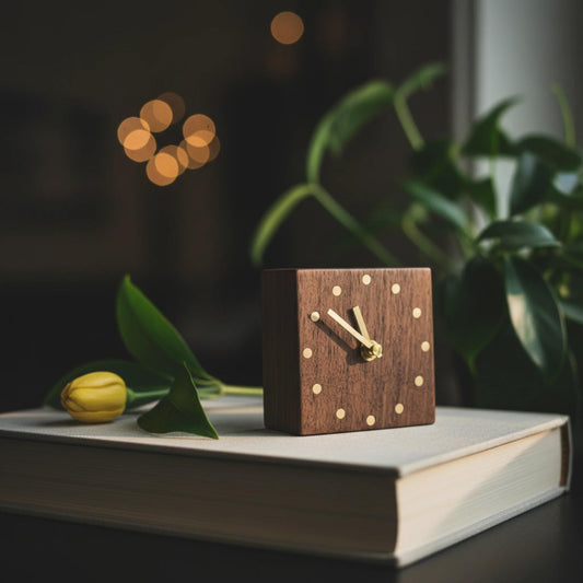Minimalistische Holz Tischuhr Klok Klok - Massivholz Quarz Uhr mit Messing Inlay & Leder Rückseite