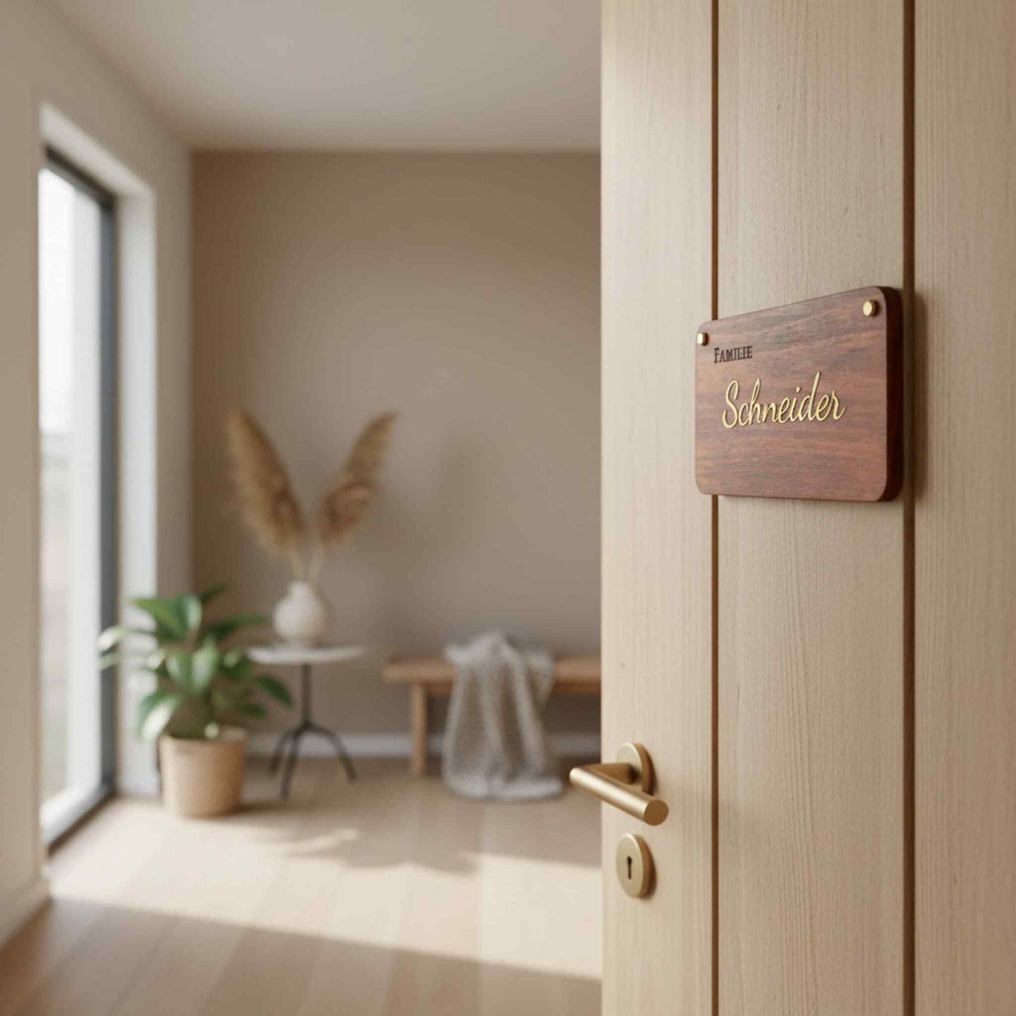 Personalisiertes Holz Türschild Familie – Familientürschild mit Metallic 3D Lederbuchstaben