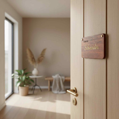 Personalisiertes Holz Türschild Familie – Familientürschild mit Metallic 3D Lederbuchstaben