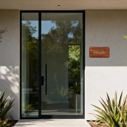 Gold Türschild – exklusives, vergoldetes Namensschild aus Holz & Leder